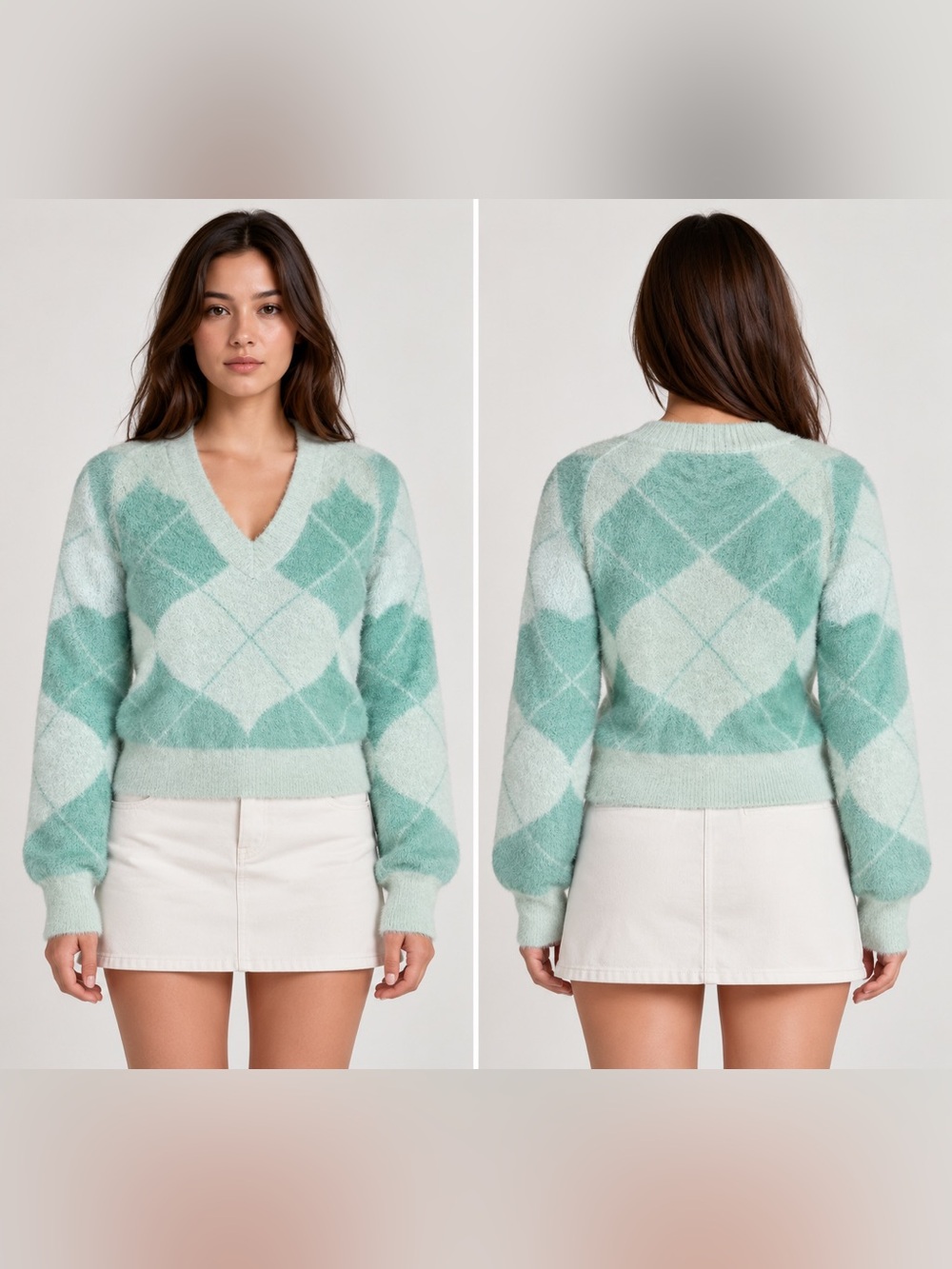 House of Sunny Vol 16 Argyle Fuzzy Sweater US 6 Detachable Sleeves Mint Green